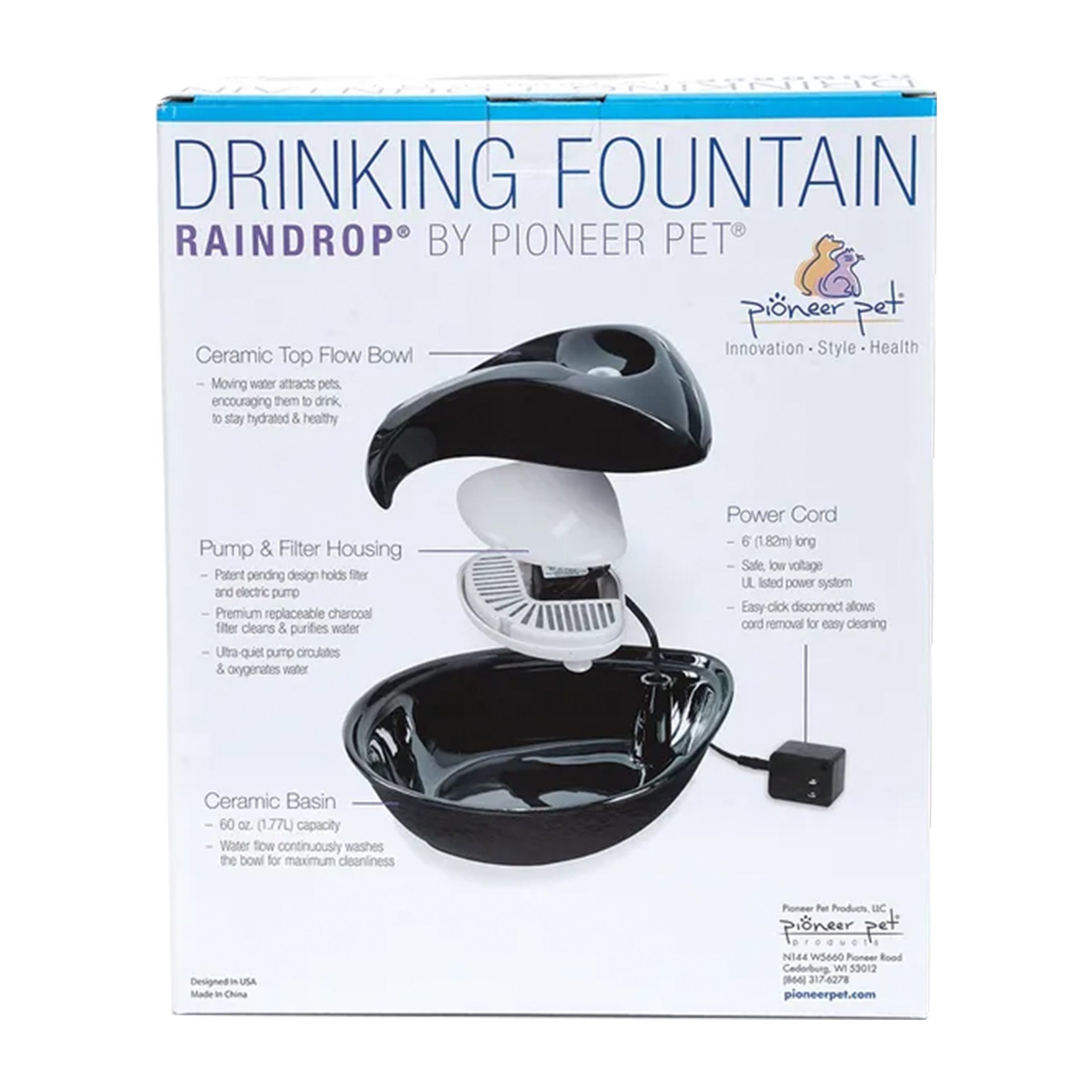 Pioneer Pet Raindrop Black Ceramic Drinking Fountain 60-oz