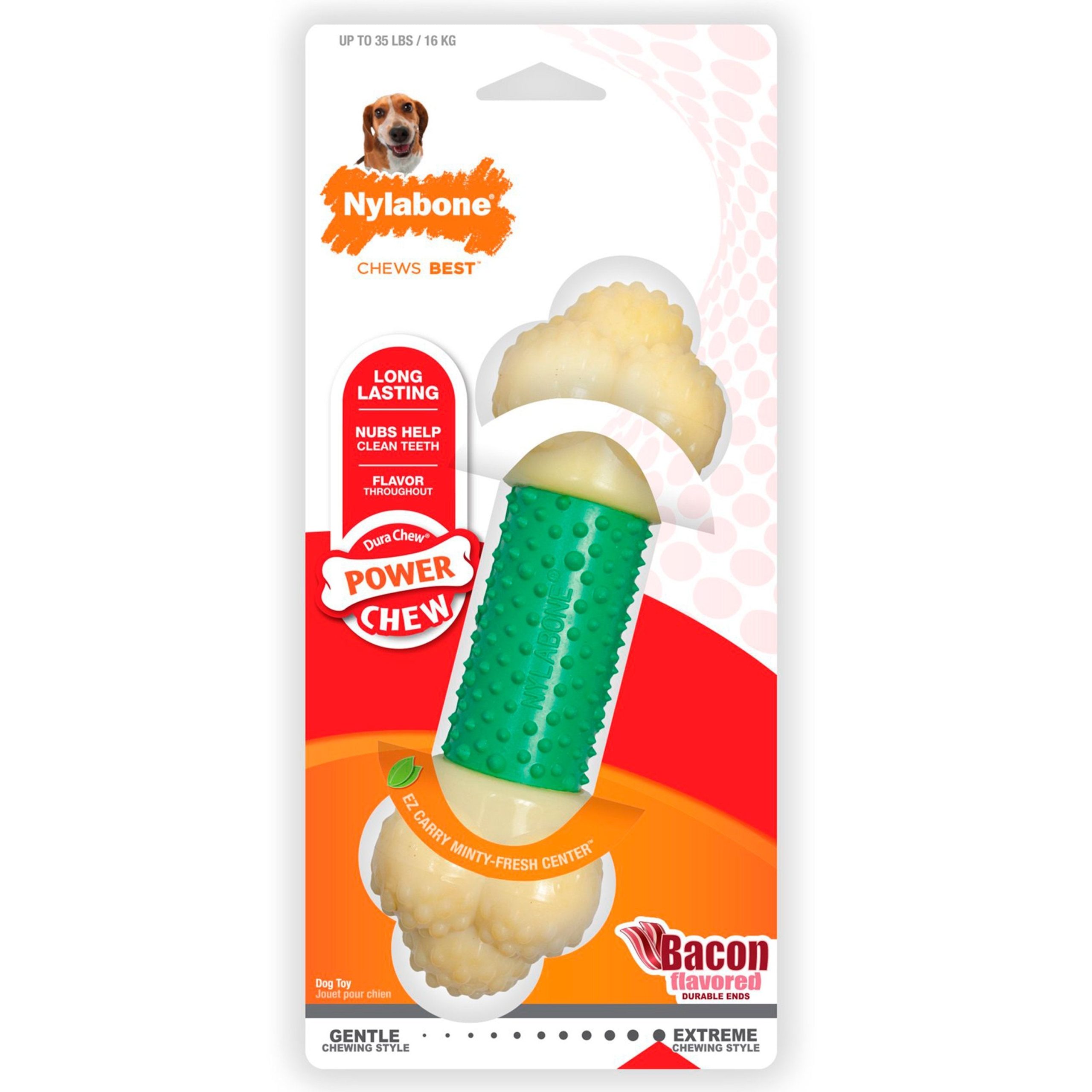 Nylabone Power Chew Double Action Durable Dog Toy Bacon Medium/Wolf – Up To 35 lbs