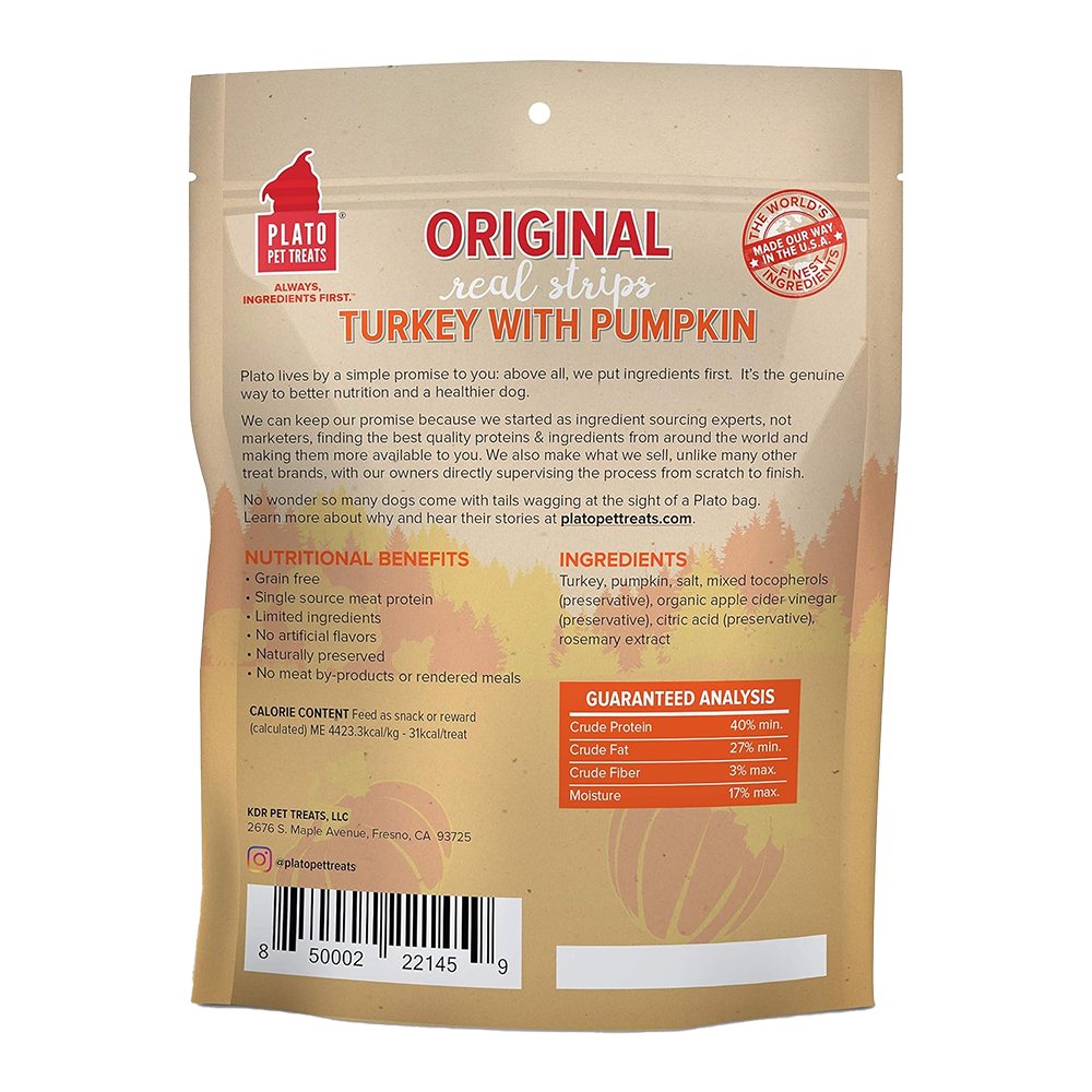 Plato Original Real Strips Grain Free Turkey with Pumpkin Dog Treats 18-oz