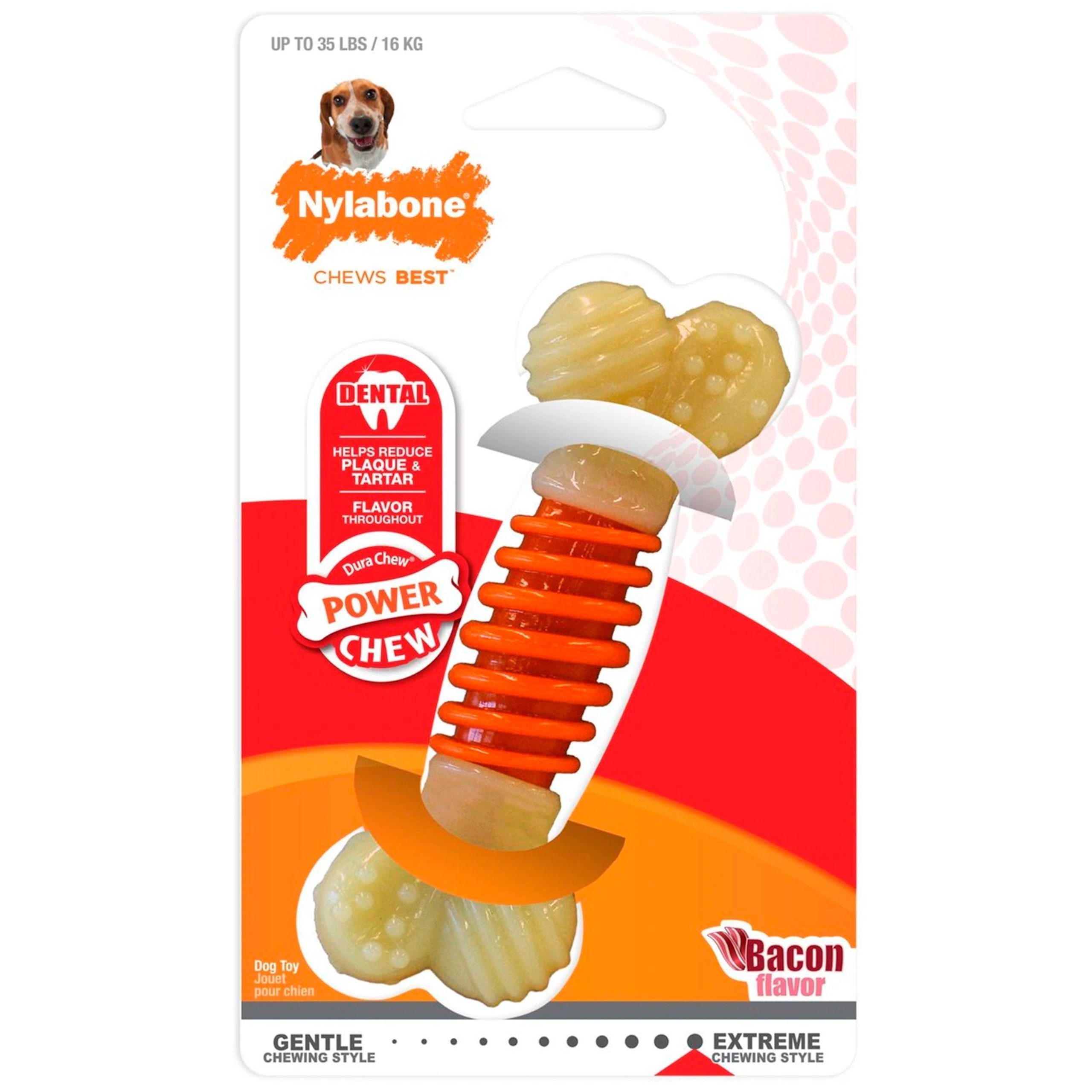 Nylabone PRO Action Dental Power Chew Durable Dog Toy Bacon Flavor Orange Medium/Wolf – Up To 35 lbs