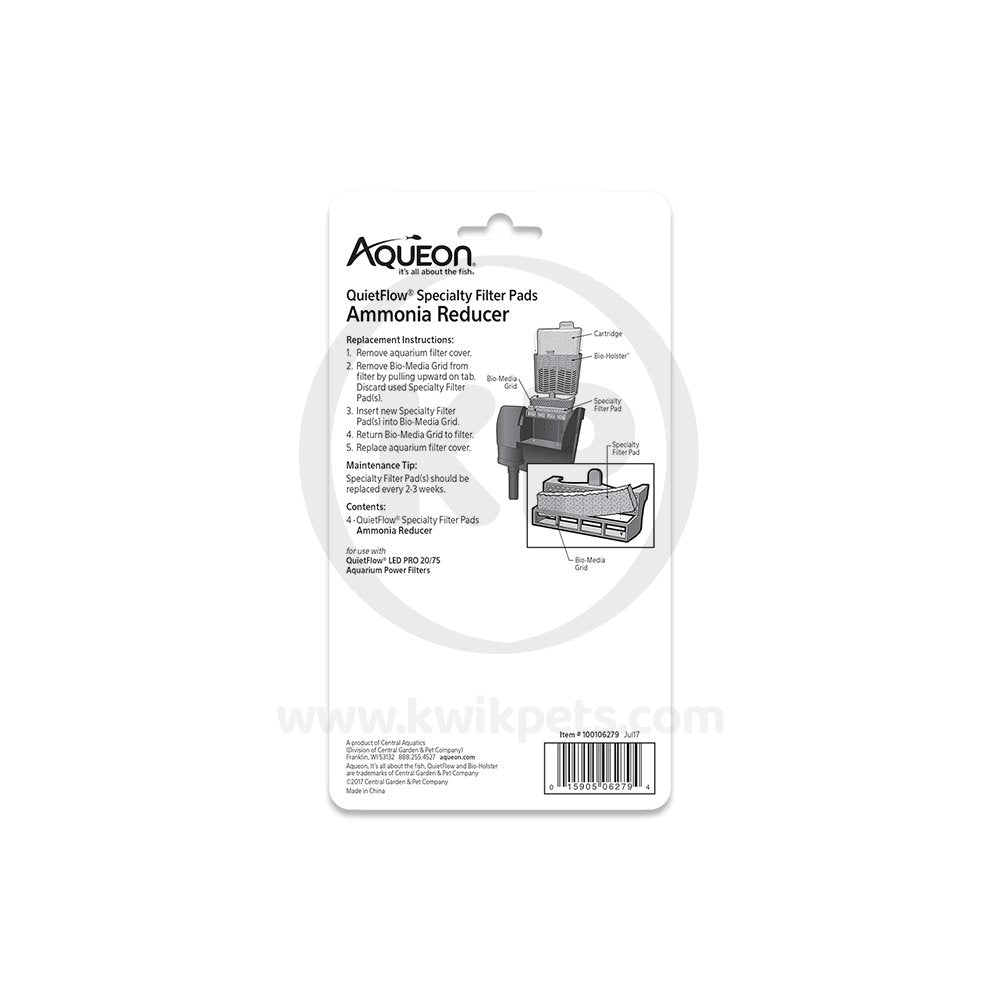 Aqueon QuietFlow Ammonia Reducer Replacement Specialty Filter Pads 4 Count Size 20/75