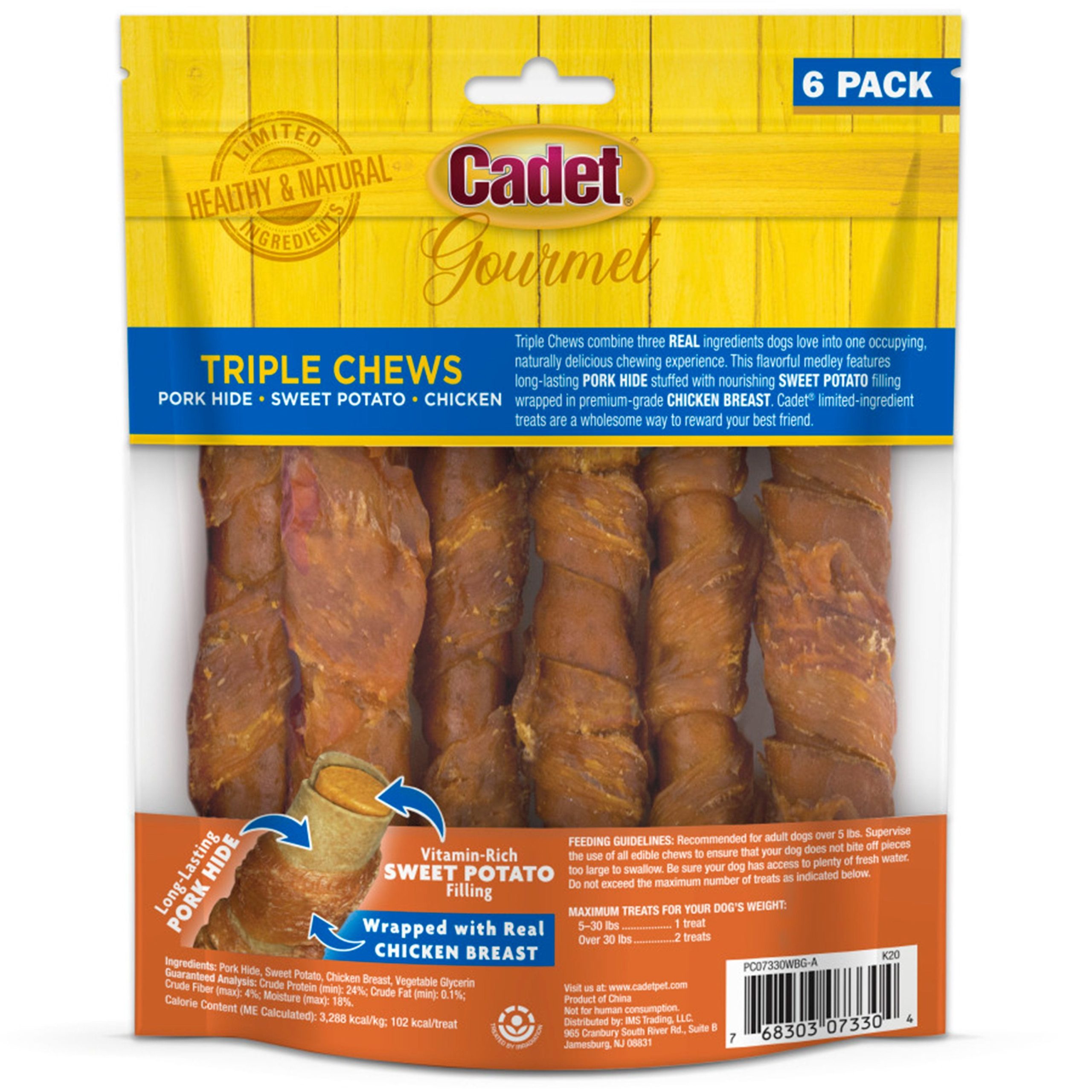 Cadet Gourmet Triple Chews Pork Hide Twists Dog Treat Chicken & Sweet Potato 6 Count 6.3-oz