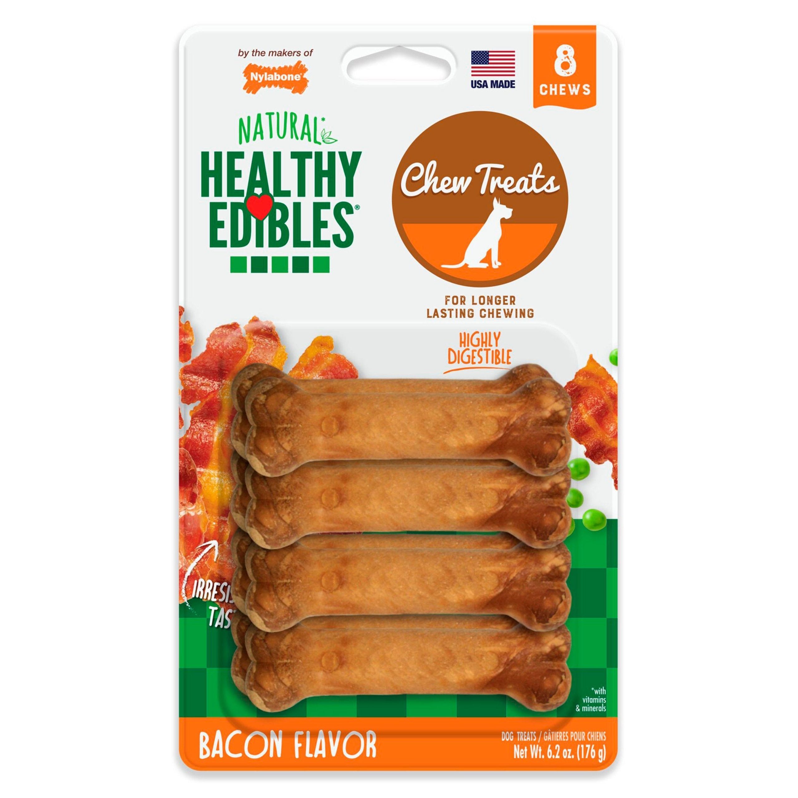 Nylabone Healthy Edibles All-Natural Long Lasting Chew Treats Bacon XS/Petite – Up To 15 lbs 8 Count