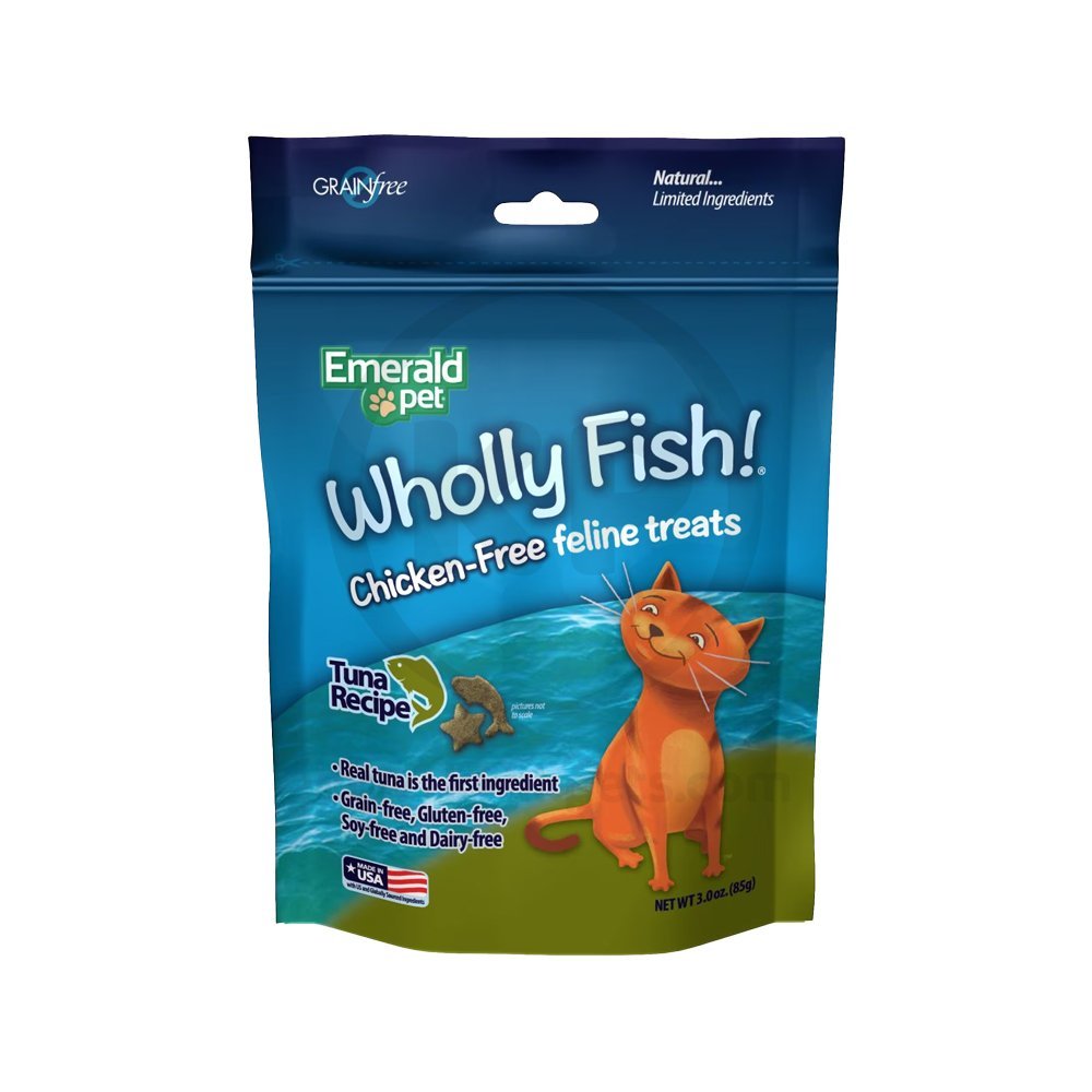 Emerald Pet Wholly Fish! Chicken-Free Feline Crunchy Cat Treats Tuna Recipe 3-oz