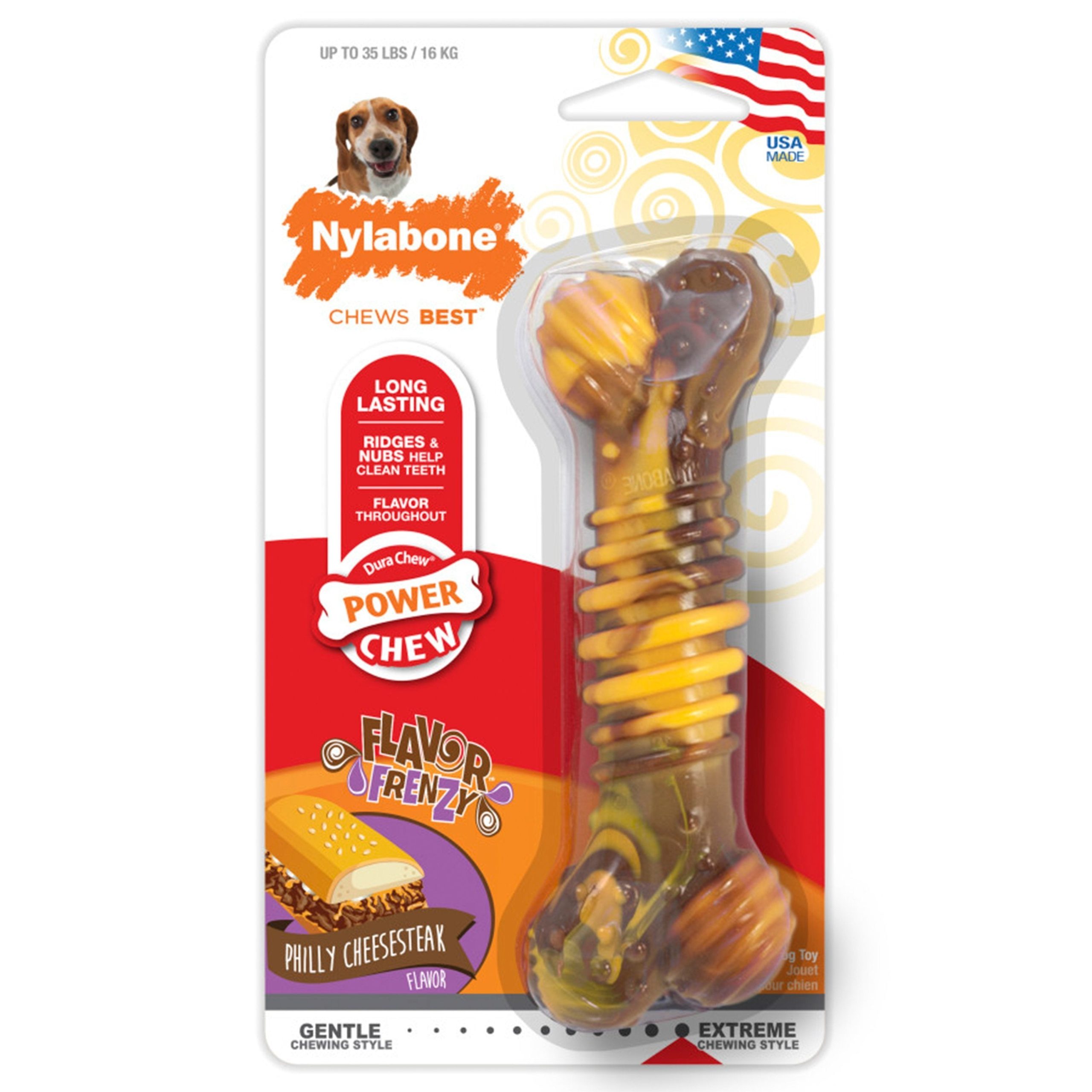 Nylabone Flavor Frenzy Power Chew Durable Dog Toy Philly Cheesesteak Medium/Wolf – Up To 35 lbs