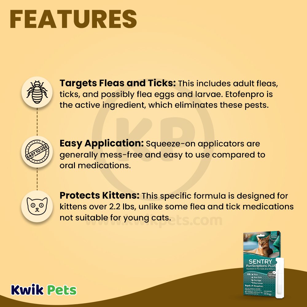 Sentry PurrScriptions Plus Cats & Kittens Flea & Tick Squeeze-On for Smaller Cats under 5 lbs 3 Count