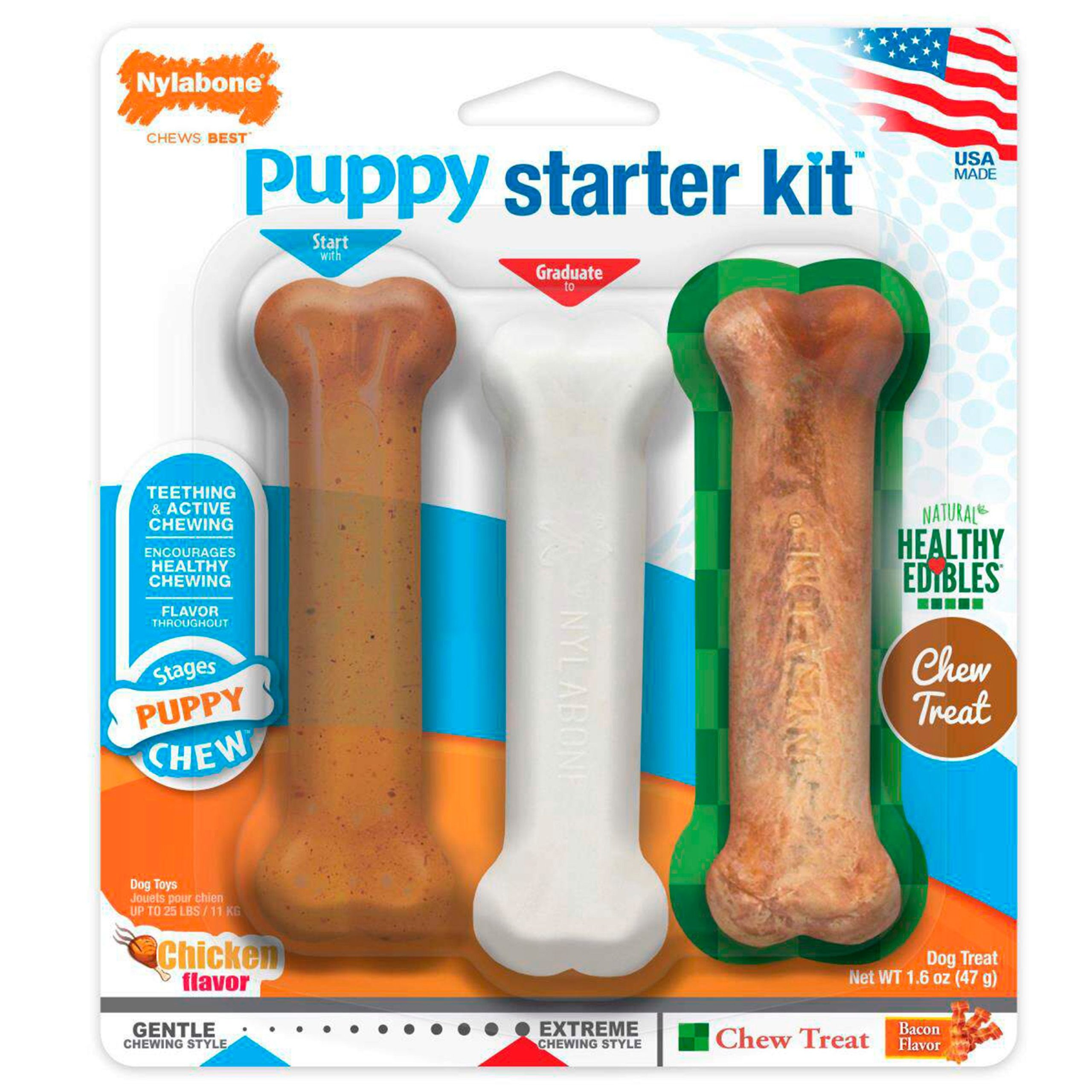 Nylabone Puppy Starter Kit Dog Chew Toys & Treat Chicken & Bacon Small/Regular – Up To 25 Ibs 3 Count