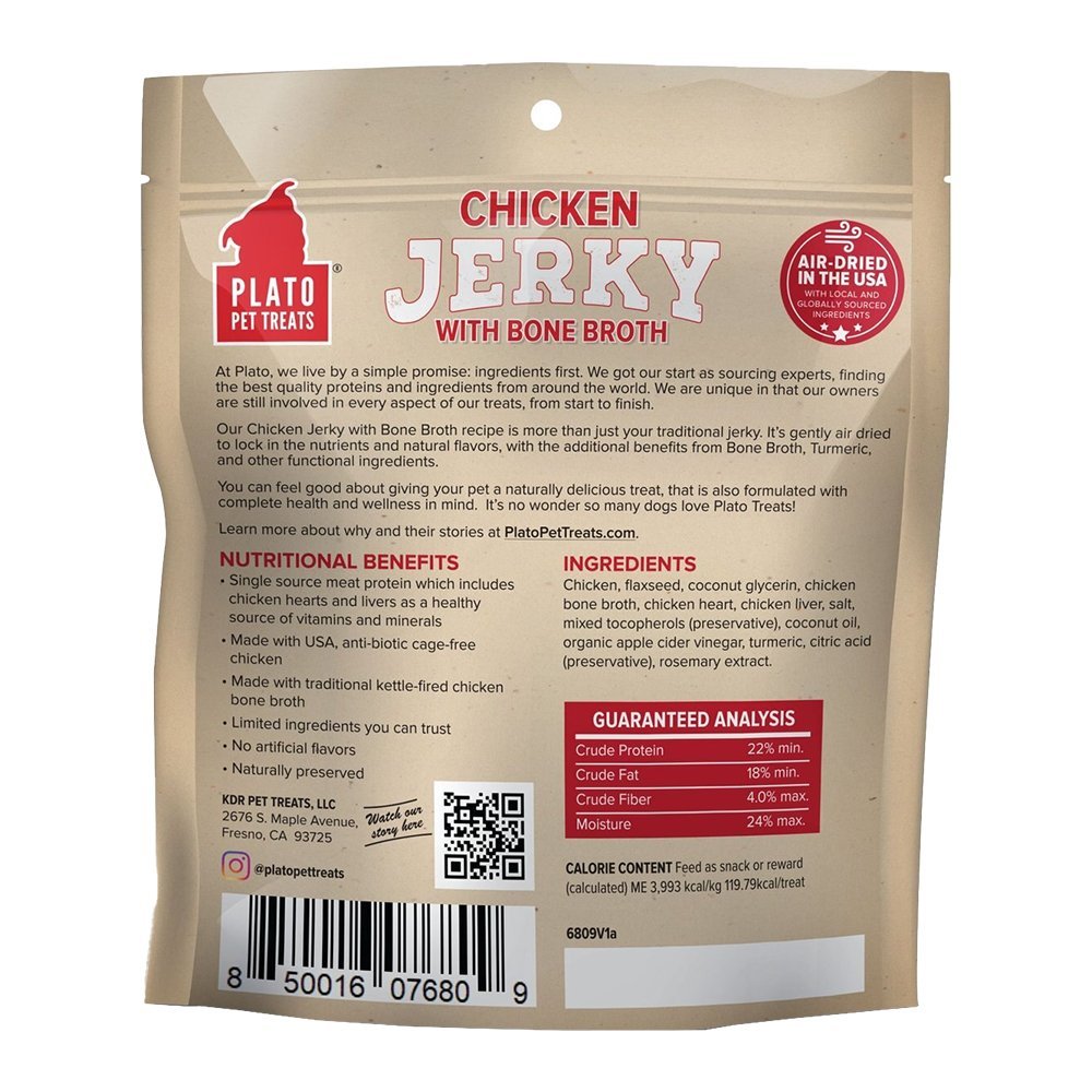 Plato Chicken Jerky with Bone Broth Dog Treats 7-oz