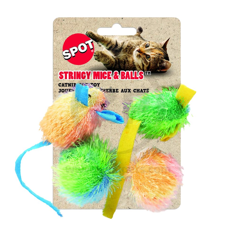 Ethical Pet Spot Stringy Mice & Ball Cat Toy with Catnip Assorted 4 Count 2-in