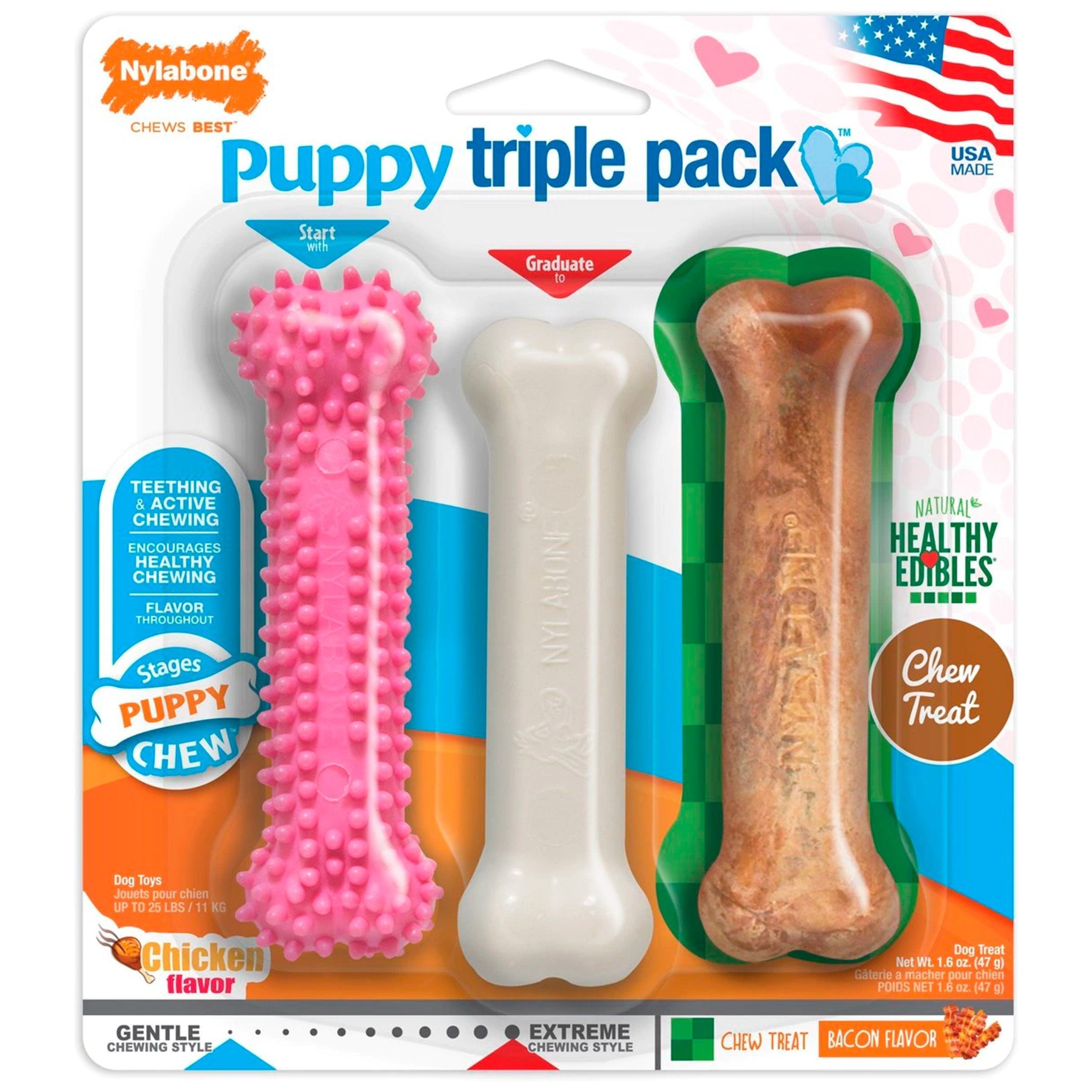 Nylabone Puppy Chew Toy & Treat Variety Triple Pack Chicken & Lamb Starter Kit Small/Regular – Up To 25 Ibs 3 Count